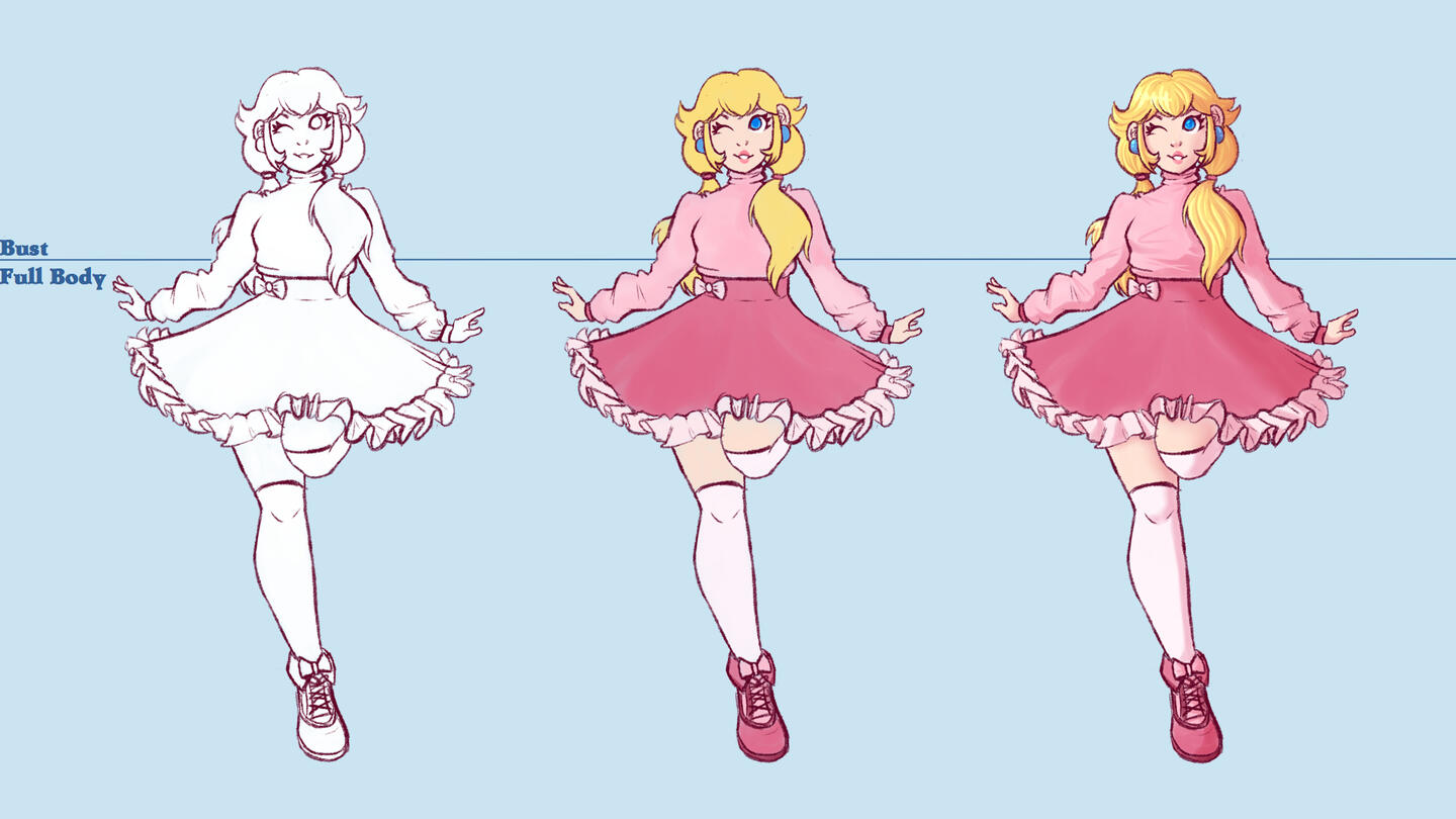 (Left to Right) Linework, Flat Color, Full Shading